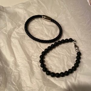 Mens onyx  beaded and leather braided bracelet set